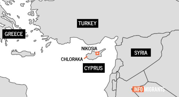 The map shows Cyprus, located near Turkey and Syria. | Source: InfoMigrants
