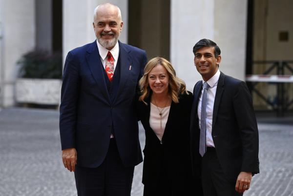From file: Other leaders, including British Prime Minister Rishi Sunak (R) might also be interested in a similar deal if Italy's deal does eventually get approval | Photo: Riccardo Antimiani / ANSA
