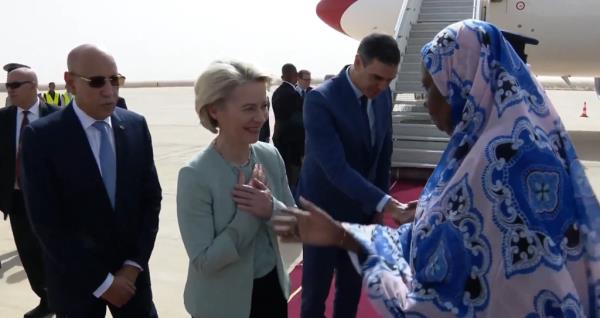 EU Commission President Ursula von der Leyen and Spanish Prime Minister Pedro Sanchez visited Mauritania in February and promised millions for the partnership | Photo: Screenshot from X feed of Spanish government video of arrival released February 8 2024 @desdelamoncloa