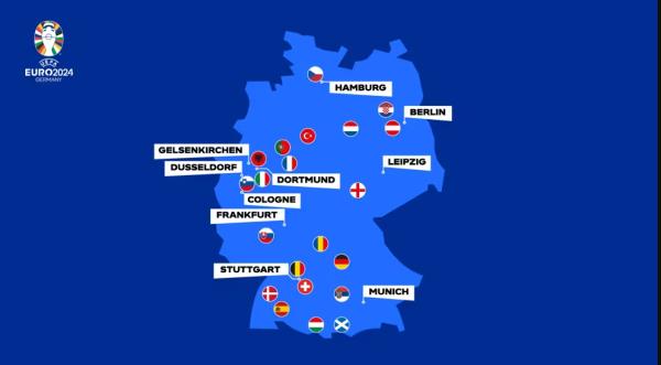 A map of Germany on UEFA's website shows wher<em></em>e the matches are due to take place this summer, and wher<em></em>e each country's team will have its ba<em></em>se camp | Source: UEFA press release www.uefa.com