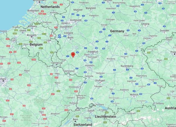 Map showing the village of Büchenbeuren (red marker) in the German state of Rhineland-Palatinate | Source: Google Maps