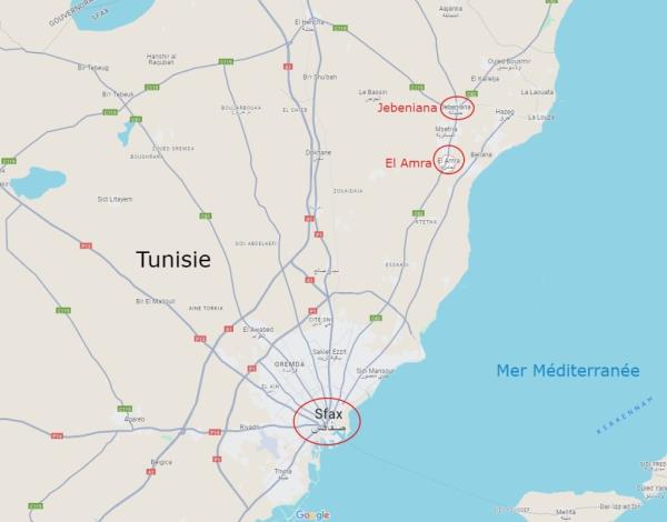 Map showing the city of Sfax in Tunisia, and the villages of El Amra and Jebeniana to the north | Source: Google